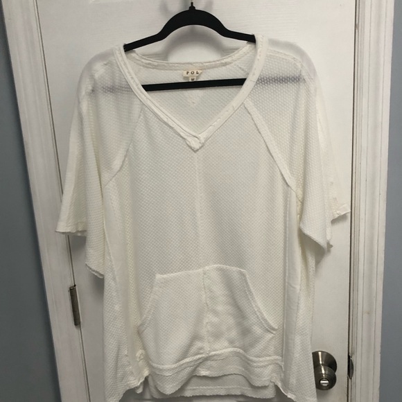 POL Womens White V-Neck Oversized Short Sleeve Raw Hem Top Medium - Picture 5 of 15